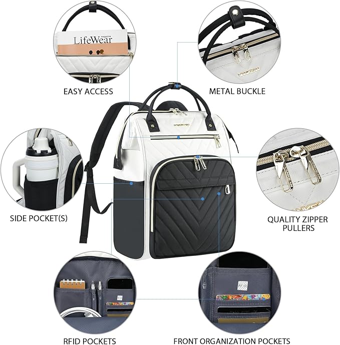 VANKEAN 17 Inch Laptop Backpack for Women Men Fashion Computer Work Bag, Large Capacity Waterproof Backpack with USB Port & RFID Pockets, College Daypack Business Travel, Beige-Black