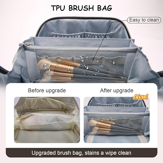 BOYATU Travel Makeup Bags for Women: 3 Pcs Set Wide Open Cosmetic Bag - Portable Make up Bags with Handle - Vegan Leather Toiletry Organizer Bag with Divider (G-03-Coffee)