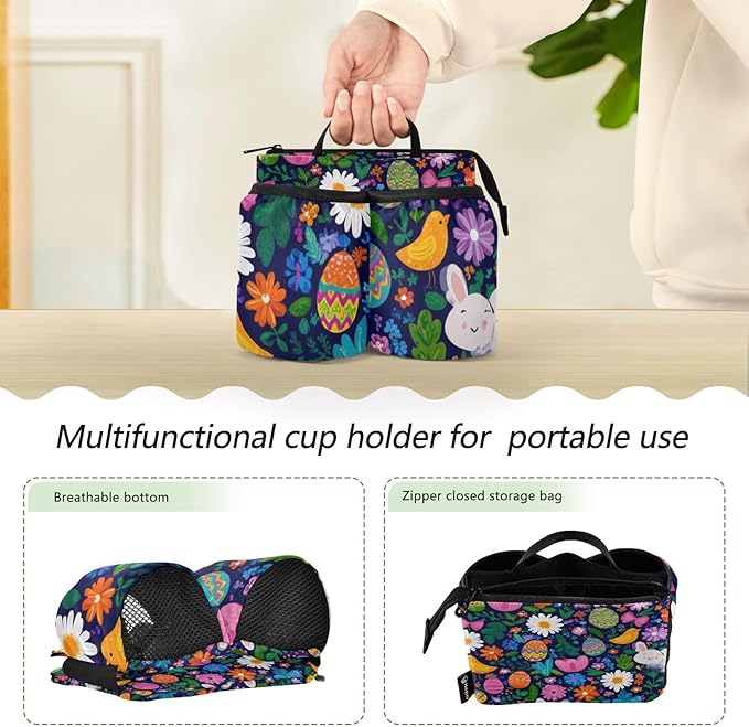Easter Daisy Rabbit Birds Eggs Luggage Cup Holder Travel Portable Free Hand Drink Carrier Suitcase Drinks Beverage Holder Carry-On Bottle Mug Holder Organizer Bag Travelers Accessories