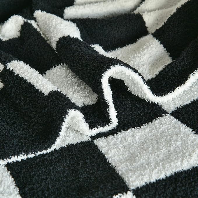 Checkered Blanket, Cozy Soft Throw Blankets for Couch Bed, Fluffy Plaid Lightweight Comfy Travel Picnic Blanket Gifts for Sofa Chair Living Room Camping (Black, Twin 60"x80")
