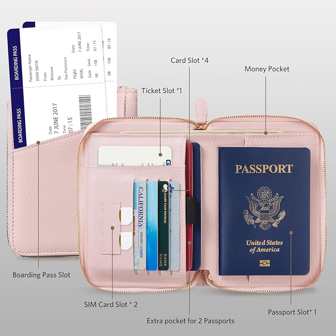 CoBak Passport Holder Cover with Safe Zipper Closure, Premium Passport Wallet for Travel, RFID Blocking Card Case, Waterproof Travel Accessories for Women, Pebbled Pink