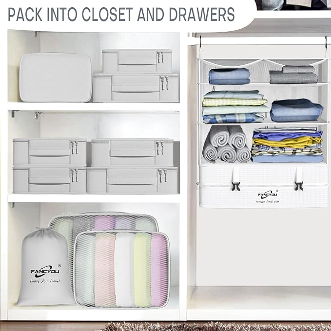 Compressible Packing Cubes Portable Hanging Closet Shelves 17"x12"x24" Extendable Travel Organizer Nylon Packing Bags for Suitcase