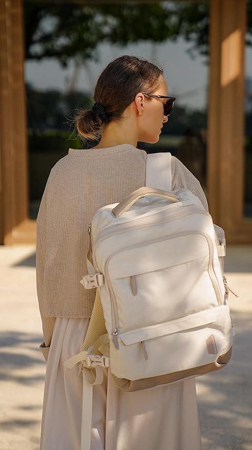 BAGSMART Compression Travel Backpack, 37L Expandable Carry On Backpack with Packing Cubes, Water Resistant Weekender Backpack with Shoe Bag, Warm Beige