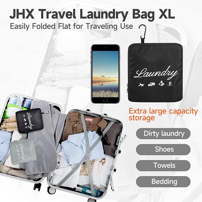 JHX Travel Laundry Bag XL, Extra large Dirty Clothes Organizer【Upgraded】with Handles and Aluminum Carabiner for Travel, Camp, Fitness, and Students (Thickened - Black) 32"H x 23"W