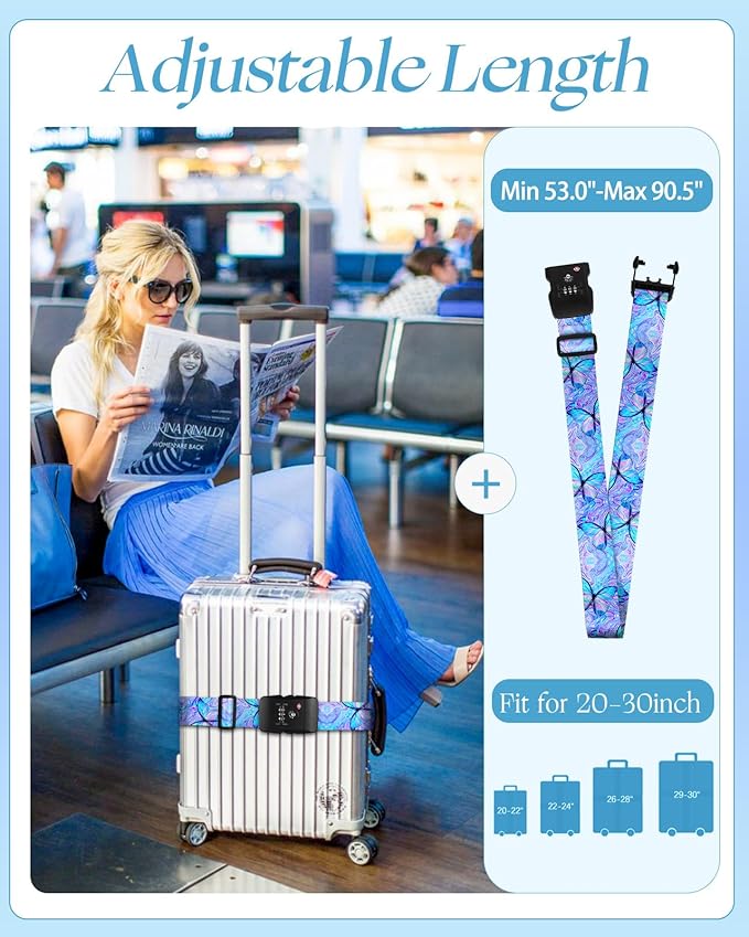 Slohif Luggage Straps TSA Lock for Suitcases - Travel Belt TSA Approved Accessories Luggage Identifiers Carry On Bag with Buckle Nylon Adjustable Band for Add a Bag Butterflies