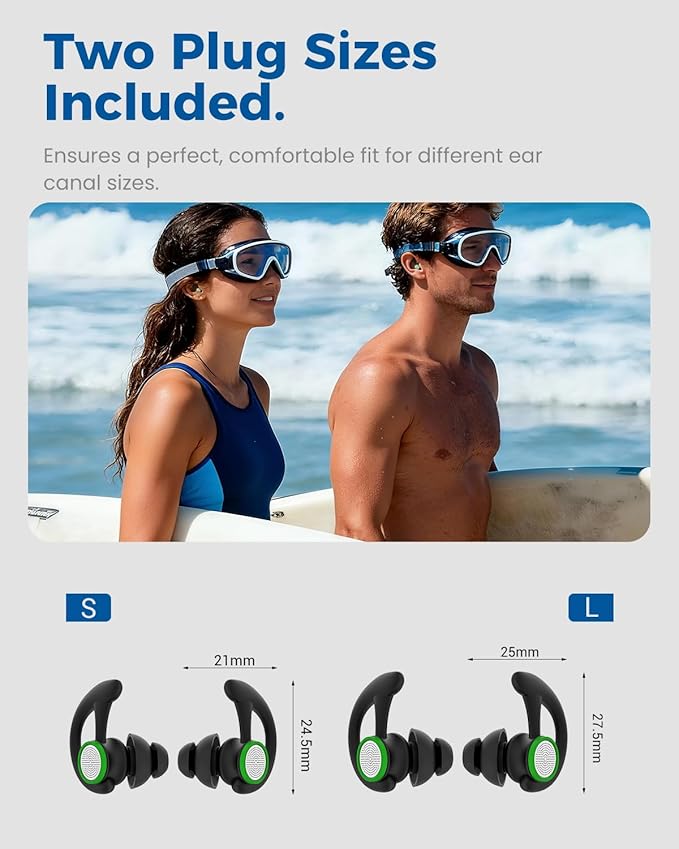 Ear Plugs for Swimming – 2 Pairs Soft Silicone Reusable Waterproof Earplugs for Adults & Men Women, Custom Fit for Swimmers Ear, Pool, Beach, Snorkeling, Surfing, Kickboard Training(Black)