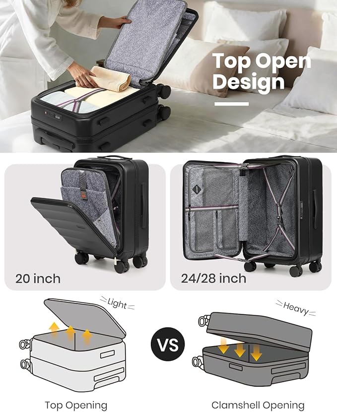 Joyway Luggage Set 3 Piece Top Opening Suitcase Set with Spinner Wheel and TSA Lock, PC Hard Shell Carry on Luggage with Front Pocket for Woman Men (Black)