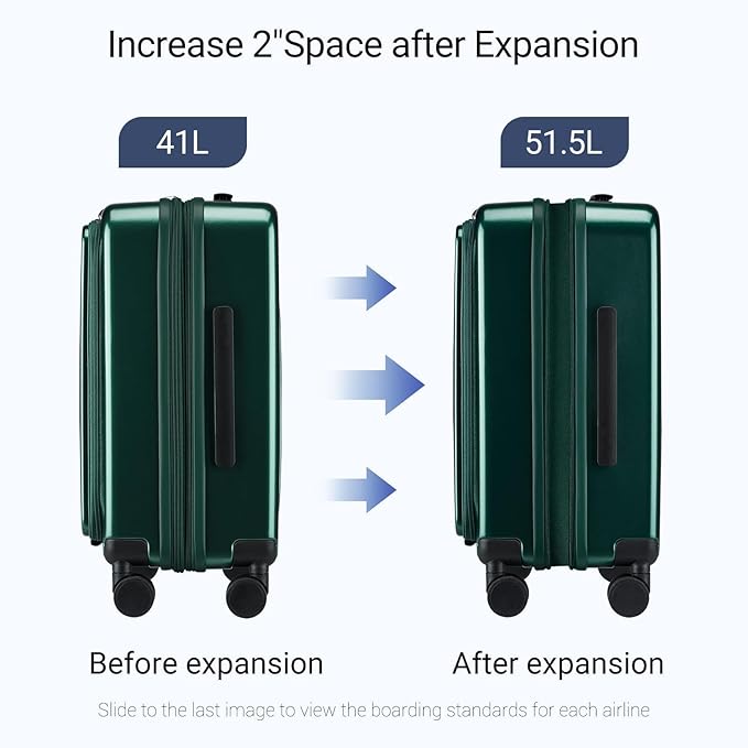 Carry On Luggage with Top Opening, Expandable with Front Pocket and USB Charging Port, Lightweight with Front Compartment Rolling Suitcases with Spinner Wheels (Dark Green, 20 Inch)
