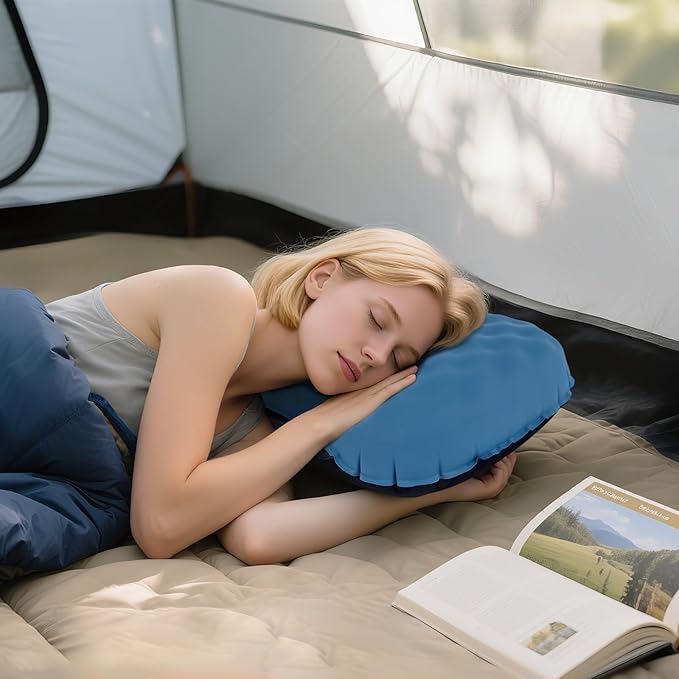 Camping Pillow with Ice Silk Memory Foam Cover - Ultralight Inflatable Pillow for Camping Lightweight, Ergonomic and Washable for Camping, Hiking, and Travel Blue