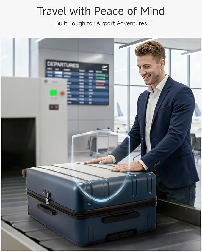 LUGGEX 28 Inch Large Checked Suitcase, L2 105L Capacity PC Hard Shell Luggage with 360° Spinner Wheels & TSA Lock, Durable Travel Bag for Extended Trips (EX-Core, Blue, 28 Inch)
