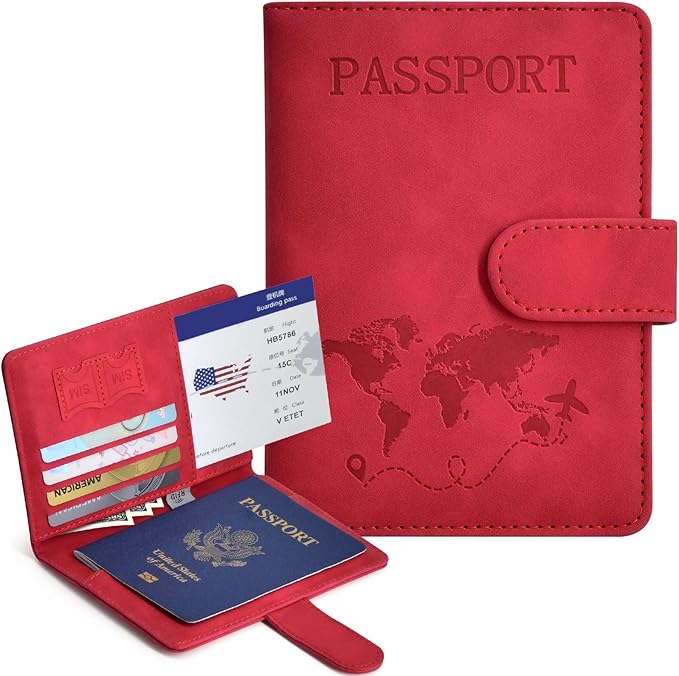 Passport Holder, Passport Cover with Credit Card Slot and Boarding Pass Slot Combo, Passport Wallet Case Book Travel Must Have, RFID Blocking Leather Travel Accessories, Red