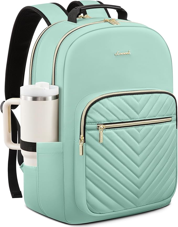 LOVEVOOK Laptop Backpack for Women with Giant Tumbler Holder 15.6 inch,Designer Travel Backpack Laptop Bag College Backpack,Quilted Work Nurse Teacher Backpack Purse Computer Bag Daypack,Mint Green