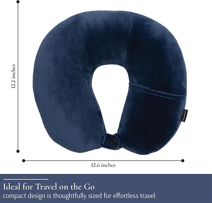 Brookstone Microbead Travel Head and Neck Pillow Lightweight and Plush with Phone or Headphone Pocket, Blue