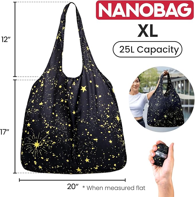 Nanobag Ultralight Heavy Duty Foldable Tote for Women & Men, Reusable Grocery & Travel Bag, Packable Collapsible Compact Market Essential (XL Splash)