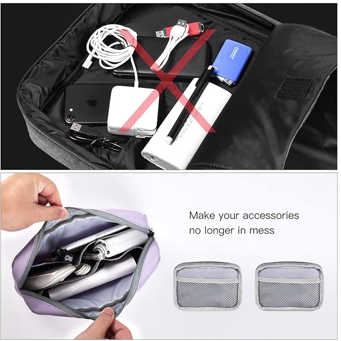 Universal Electronics Accessories Bag Pouch, 2-Pack Portable Soft Carrying Case Bag Wire Cable Organizer for Hard Drive, Power Adapter, Laptop Mouse, Cosmetics Kit, Cell Phone, Small+Big-Purple
