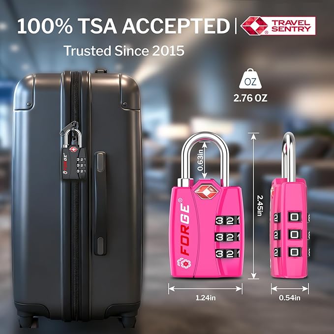 Forge Open Alert TSA Approved Luggage Locks - 3 Digit Combination, Easy Read Dials, Zinc Alloy Body - Ideal Travel Lock for Luggage, Suitcases, Bags & Toolboxes (4 Color Locks #2)