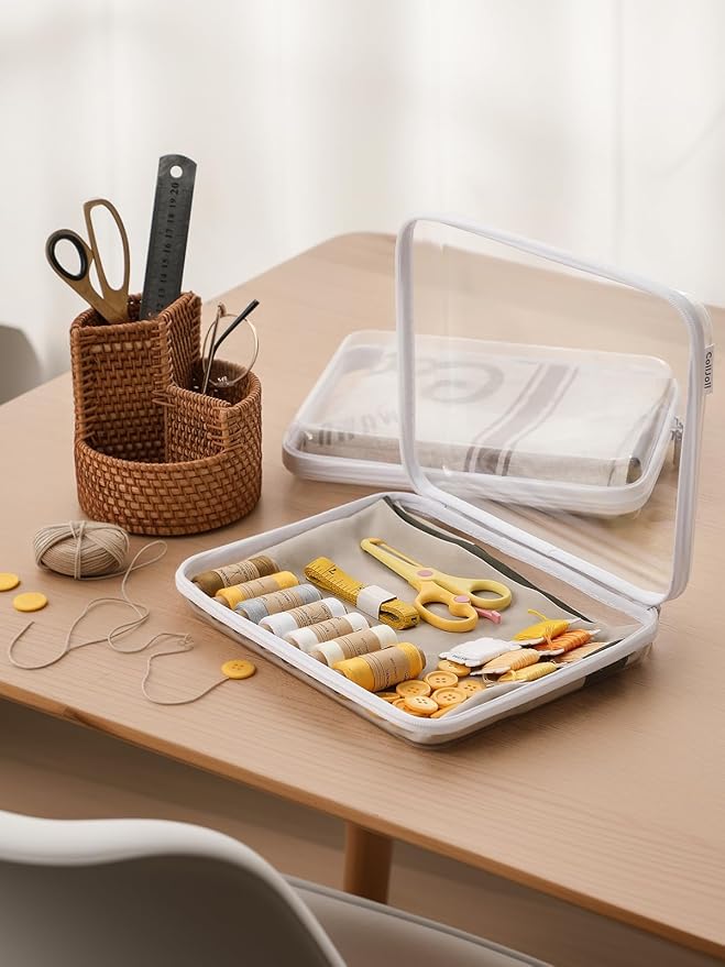 CoiiJoii Zippered Pouch Hard, Clear Zippered Hard Pouch, Stackable Storage Bins, Portable Clear Bin Zipper (White, Large-6pcs)