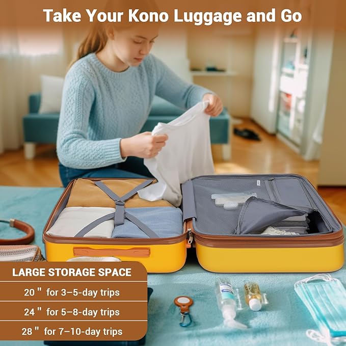 Kono Expandable 28 Inch Luggage with Spinner Wheels, Large Checked Luggage with TSA Lock, Lightweight & Anti-Scratch PC+ABS Hardshell Travel Suitcase, Yellow/Brown