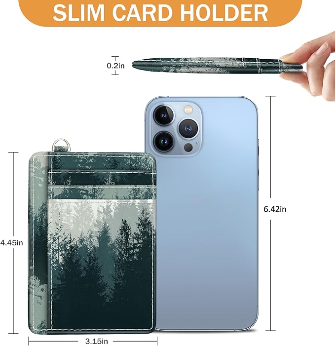 Yonlevres Credit Card Holder Slim Wallet, Forest RFID Wallet Women Front Pocket Small Card Holder, Travel Cute Funny Thin Card Case ID Window PU Leather RFID Blocking Card Organizer Gifts Girls Ladies