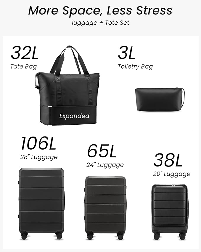 5 Piece Luggage Set Hardside Expandable Suitcase with TSA Lock Spinner Wheels Lightweight Travel Set Includes Tote and Toiletry Bag, (5 Piece Sets, Black)