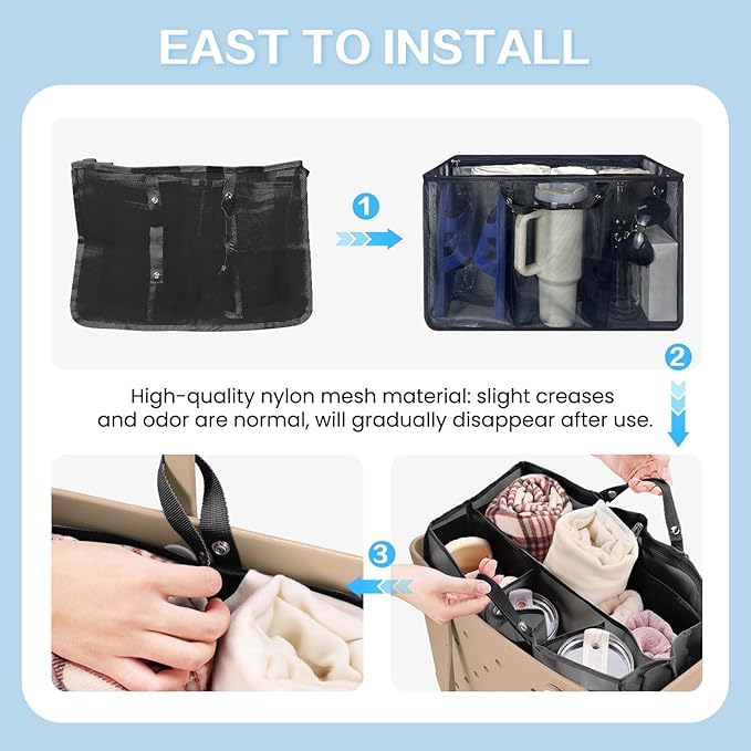 XYFuuee Beach Bag Organizer Inserts for Baby Medium Bogg Bag Accessories with 8 Removable Metal Fasteners, Lightweight Mesh Insert Divider Pouch, Organizing Rubber Tote, Save Storage Space, Black M