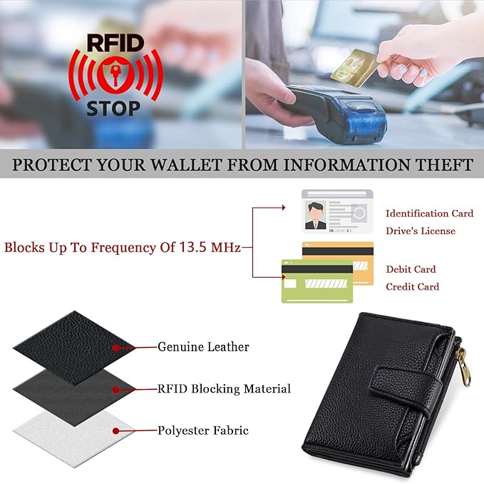 Airkit Small Wallet Women RFID Blocking Soft Leather Bifold Compact Card Holder Wallet for Women with Zipper Coin Pocket 4 ID Window