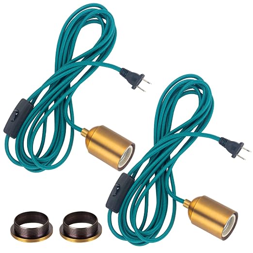 Teal Hanging Lamp Cord 15FT, Plug in Swag Light Kit, 2-Pack | Two independent hanging cords, 18AWG wire, porcelain E26 sockets, gold aluminum shells