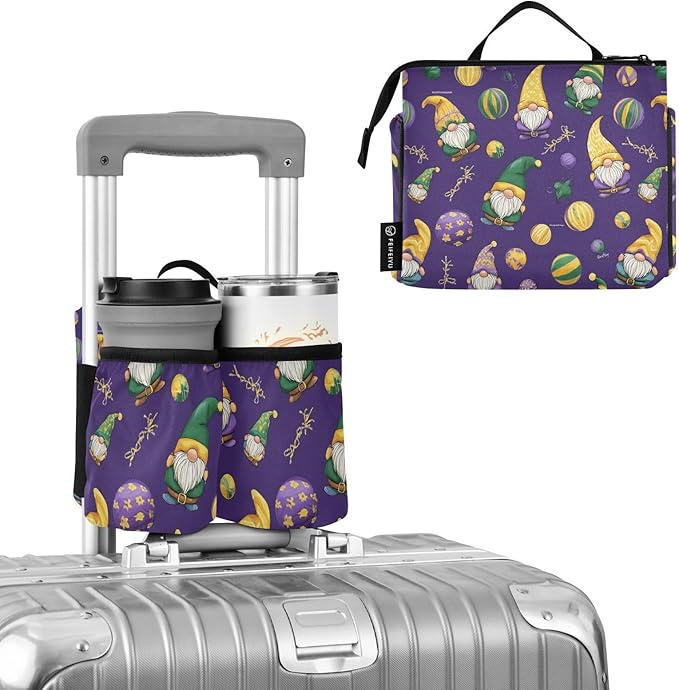 Luggage Cup Holder for Suitcases Free Hands Travel Cup Holder Portable Suitcase Cup Drink Holder Luggage Cup Caddy Bag Carrier Mardi Gras Gnomes