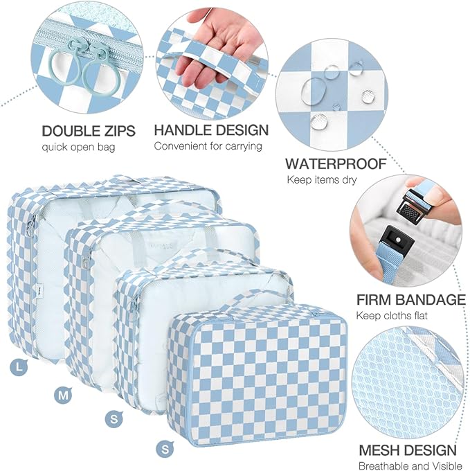 8 Set Packing Cubes for Suitcases,Packing Cubes with Shoe Bag, Cosmetics Bag, Clothing Bag, Accessories Bags Packing Cubes for Travel Luggage Organizer Women Men(Blue Checkered)