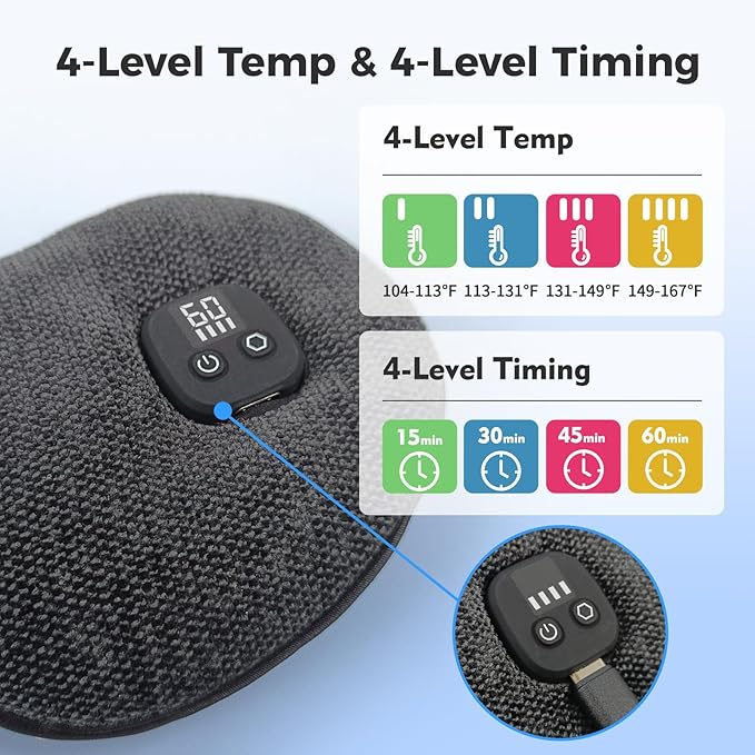 Heated Eye Mask for Dry Eyes, Cordless Warm Eye Compress, 4 Heat Levels, 4-Level Timing, 1000mAh Rechargeable, Blepharitis, Styes, Washable Cover, Travel, Gifts for Family(Black)