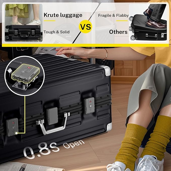 Krute No Zipper Luggage Set 2 Pieces Aluminum Frame Suitcase Sets Polycarbonate Hard Shell Luggage TSA Lock Checked Suitcase with Spinner Wheels