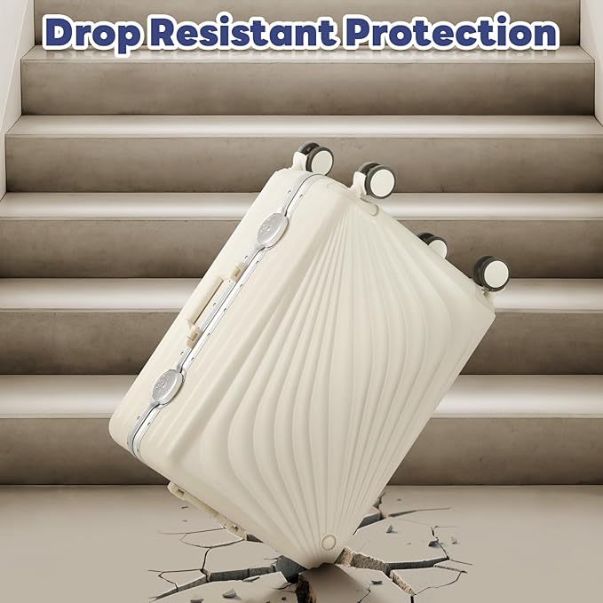 20 Inch Carry On Luggage, Zipperless Luggage with Spinner Wheels, Airline Approved Suitcase with Cup Holder, TSA Lock and USB Charger for Travel, Ivory White
