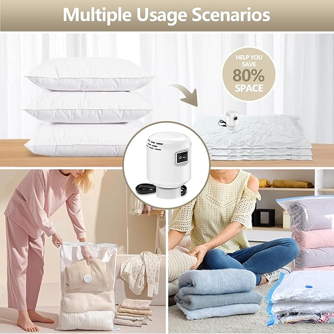 Electric Vacuum Pump for Travel & Home, Fits Various Vacuum Storage Bags, Efficient for Compressing Clothes, Blankets & Luggage, Lightweight & Portable, White (Storage Bags Not Included)