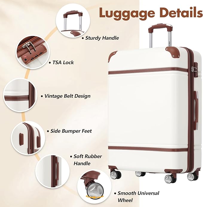 Merax 24 Inch Checked Luggage, Expandable Suitcase with Spinner Wheels, Hard Shell Vintage Luggage Set with TSA Lock(White)