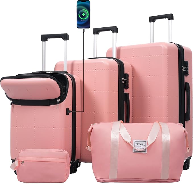 Merax Luggage Sets,5 Piece Front Half-open Hardshell Expandable Suitcase Set with Spinner Wheels and Duffel Bags,Lightweight Carry on Luggage with USB Port,20/24/28IN,Light Pink-1
