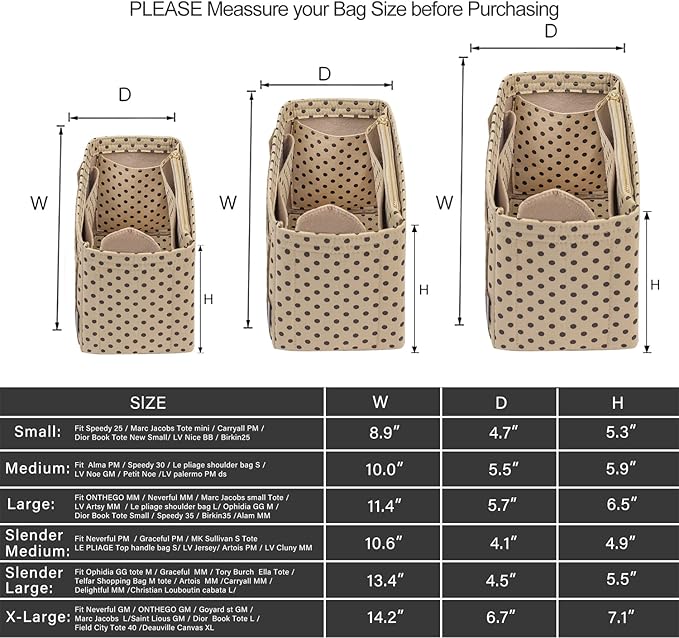 Purse Organizer Insert For Handbags, Silky Touching Bag Organizer Insert With Bottle Holder, Perfect for Speedy, Neverfull, Tote,ONTHEGO ,Artsy,Handbag and More (Slender Medium, Brown polk dots Beige)