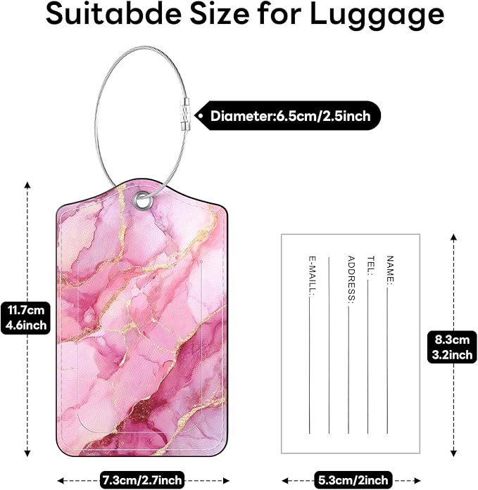 2 Pack PU Leather Luggage Tags for Suitcases, Privacy Protection Cover with Stainless Steel Loop and Address Card, Travel Cruise Essentials (Pink Gold Marble)