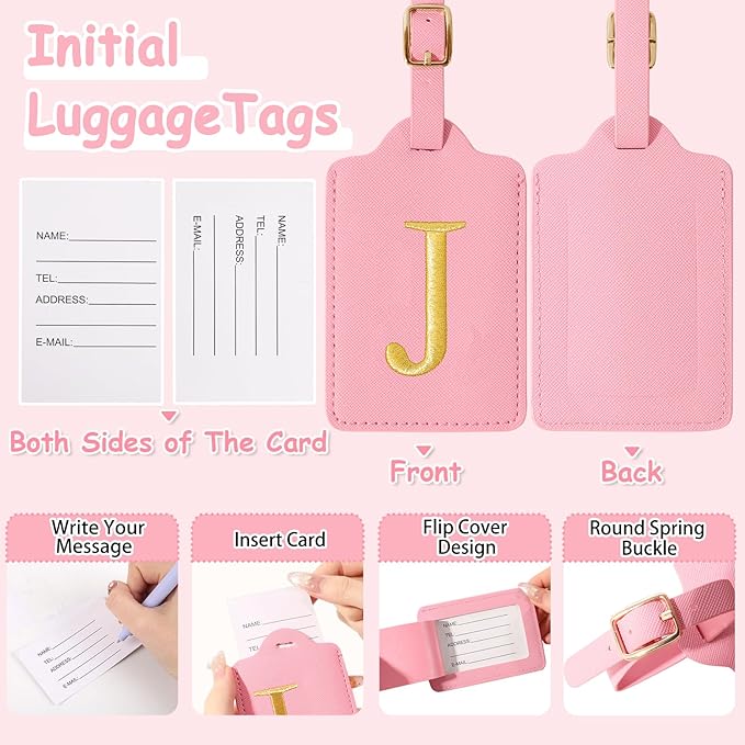 Personalized Initial Luggage Tags for Suitcases, Cute PU Leather Embroidered Letter Travel Luggage Tags, Suitcase Identifier Name Baggage Tag, Bag Tags for Men Women Kids Luggage Handbags(Pink J)