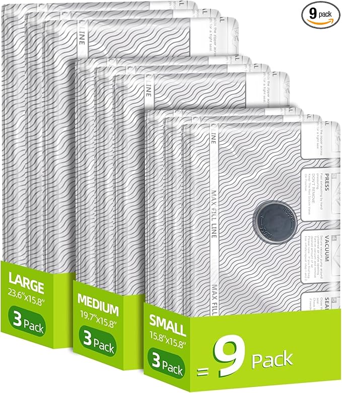 Travel Vacuum Storage Bags, 9 Pack Carry-On Size for Luggage and Suitcase, Vacuum for Bags Storage, Space Saver for Clothes & Clothing - 80% Space Saver（No pump）