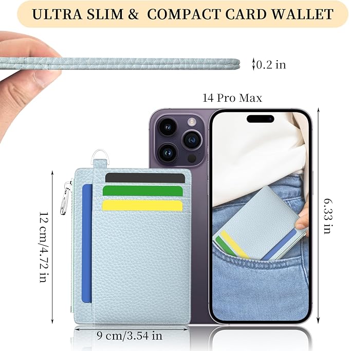 Hancynir Slim Wallet Women Credit Card Holder, Minimalist RFID Blocking Small Mini Card Wallets, Cute Front Pocket PU Leather Card Case, Thin Travel Zipper Coin Cash Ladies Female Wallet Gifts Blue