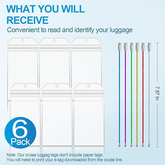 Cruise Luggage Tag Holder, 6 Pack Luggage Tags for Suitcases, Waterproof Clear PVC Perfect Fits All Cruise Lines, Reusable Travel Ship Essentials with Steel Loop