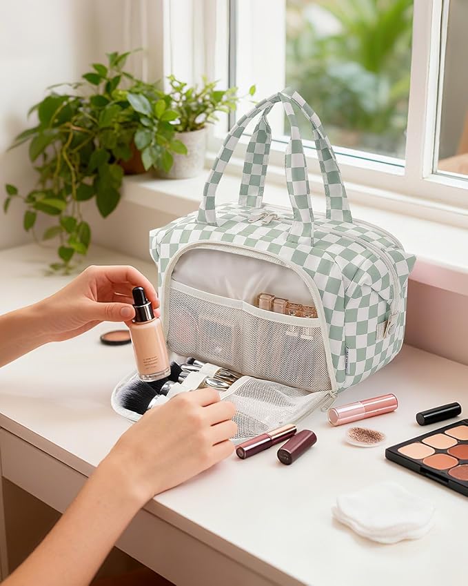 Narwey Travel Toiletry Bag for Women, Checkered Large Makeup Bag, Wide Open Cosmetic Make Up Organizer with Handle, Wet Pocket for Towel, Travel Bag for Toiletries, Brushes, Essentials (Green Checker)