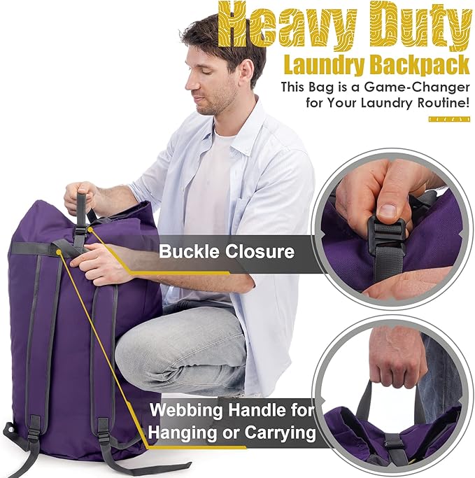 Backpack Laundry Bag, 115L Heavy Duty Extra Large College Laundry Backpack, Dirty Clothes Bag with Shoulder Straps, Laundry Hamper Bag with Drawstring Closure for College Dorm, Apartment Purple