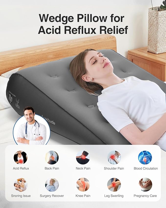 Luxtude Inflatable Wedge Pillow for Traveling, Bed Wedge Pillow for Sleeping, Acid Reflux Relief, Adjustable Travel Wedges Pillows for Sleep Apnea, Post-Surgery, Snoring, Back & Leg Support (Gray)