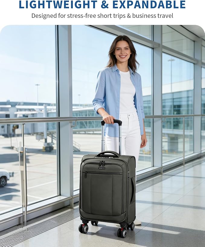 ECOHUB Carry On Luggage Airline Approved, 20 Inch Softside Carry On Suitcase with Spring Shock-Absorbing Spinner Wheels, Lightweight Travel Luggage with TSA Lock, 22x14x9 Carry-On Bag