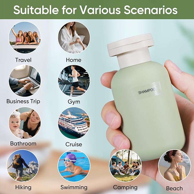 DEMORA 3.4 oz Travel Size Bottles TSA Approved for Toiletries, Leak Proof Plastic Travel Squeeze Bottles Refillable Toiletry Containers with Flip Caps and Labels for Shampoo Lotion (Green, 4 Pcs)