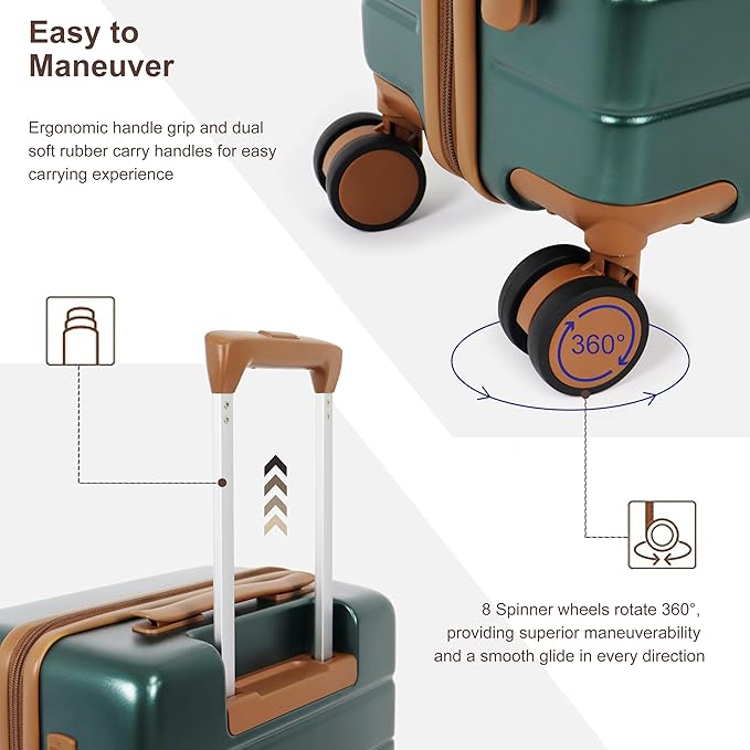 7 Piece Luggage Set for Family Travel, Lightweight Hardshell PC+ABS Suitcases set, Suitcase with 8 Smooth Spinner Wheels, TSA Lock, YKK Zippers(Green)