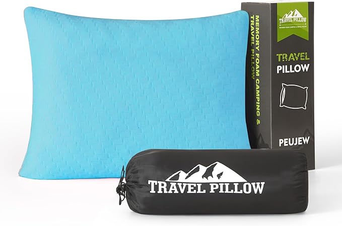 Small Shredded Memory Foam Pillow, Camping Pillow Travel Pillow - Compressible Medium Firm, Breathable Cover, Ideal Backpacking Hiking, Airplane and Car (Sky Blue, S)