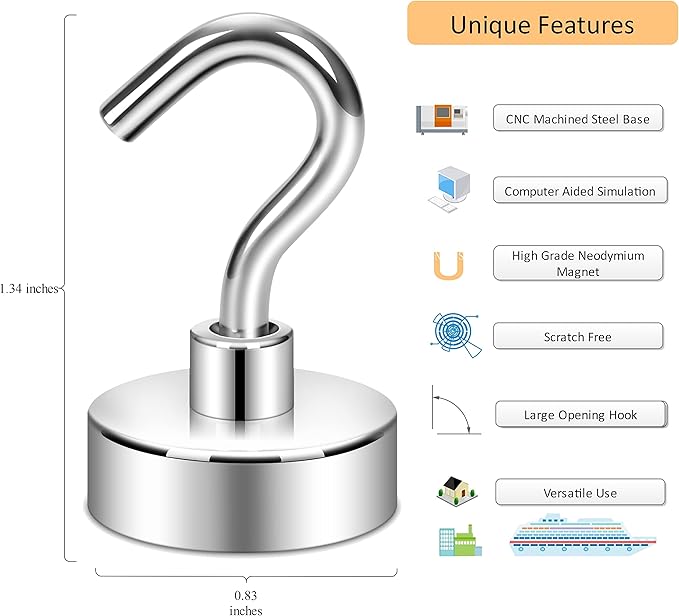 Neosmuk Magnetic Hooks,Heavy Duty Earth Magnets with Hook for Refrigerator, Extra Strong Cruise Hook for Hanging, Magnetic Hanger for Cabins, Grill (Silver, 6 Pack)