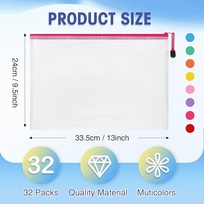 Jetec 32 Pcs Mesh Zipper Bags Toy Storage Bikini Organizer Bag Bolsas Para Guardar Trajes De Bano Waterproof Zipper Reusable Pouch Puzzle Multipurpose for Storage Office(Stylish Color,13 x 9.5 Inch)